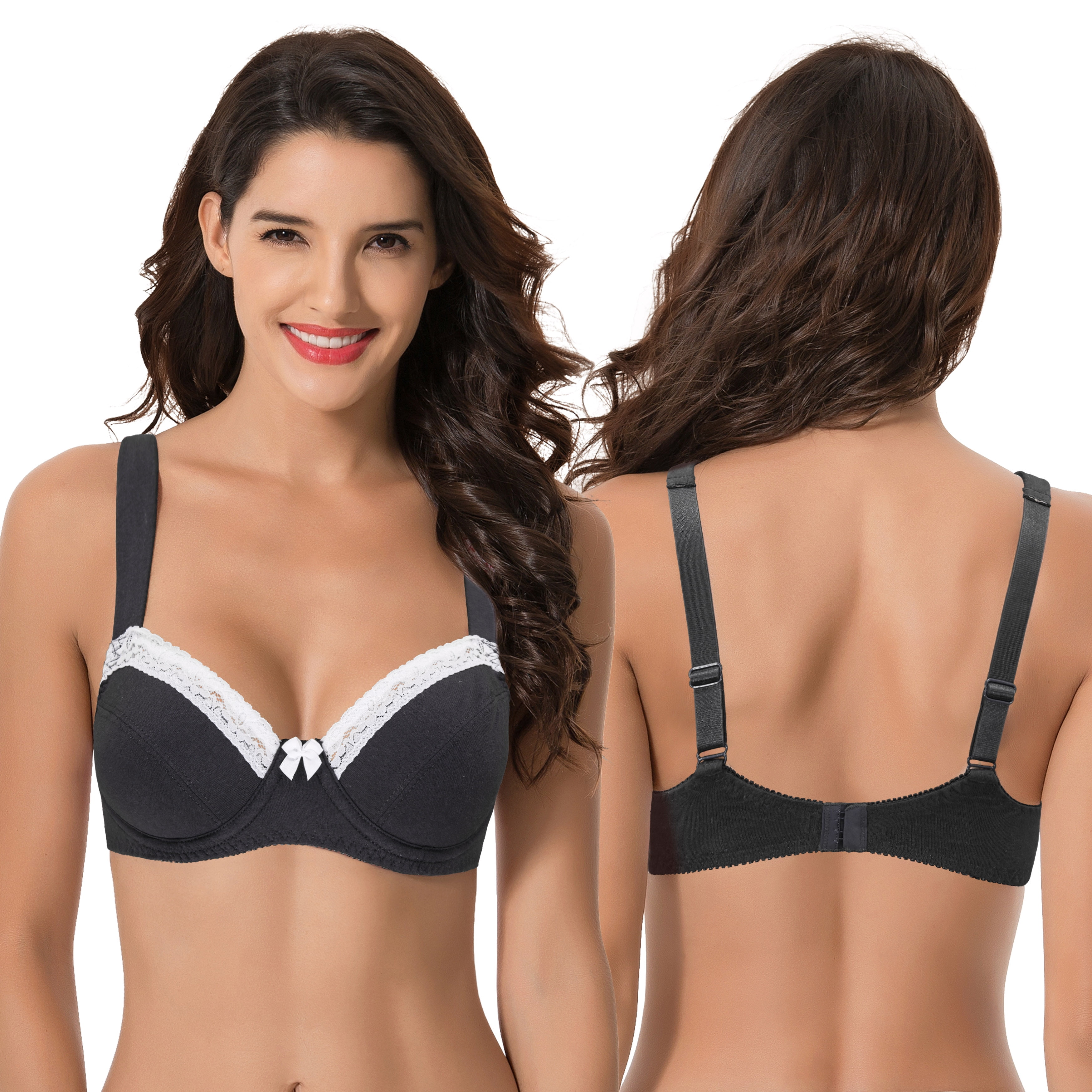 Curve Muse Women's Plus Size Underwired Unlined Balconette Cotton Bra-3Pack-White Print,Dark Gray,Cream-48B