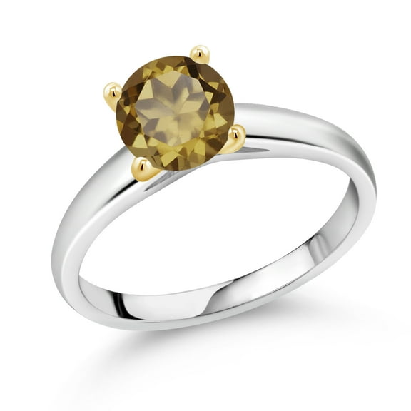 Gem Stone King 1.25 Ct 7mm Round Whiskey Quartz 925 Silver and 10K Yellow Gold Ring Ring (Size 7)