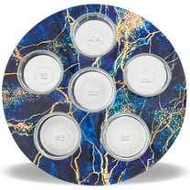 Zion Judaica Decorative Passover Seder Plate Artistic Blue and Gold Marble Decal Passover Tray with 6 Glass Liners Marked with Seder Symbolic Foods Names Pesach Sayder Kaarah Dish