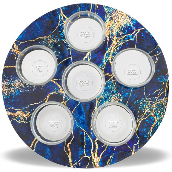 Zion Judaica Decorative Passover Seder Plate Artistic Blue and Gold Marble Decal Passover Tray with 6 Glass Liners Marked with Seder Symbolic Foods Names Pesach Sayder Kaarah Dish