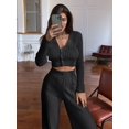 thumbnail image 3 of Women'S Solid Color Knitted Casual Hollow Commuter Suit Long Sleeve Button Top High Waist Pants Two-Piece Suit Black S, 3 of 6