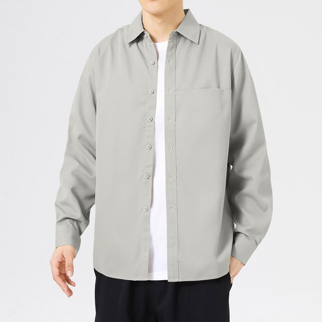Blusa y camisa de manga larga con cuello vuelto para hombre, informal, de color liso, con botones, de manga larga y cuello vuelto, de poliéster.