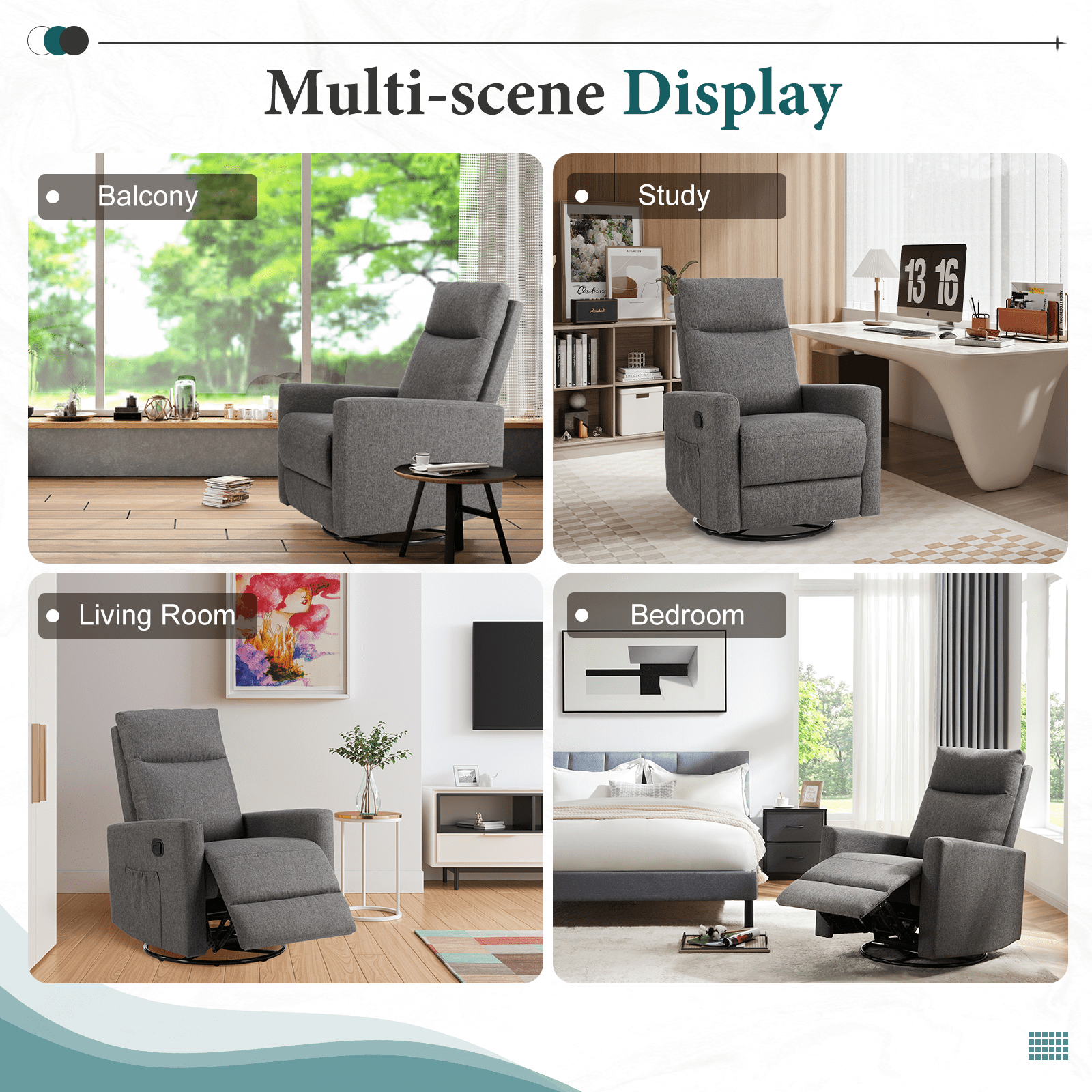 MAYEERTY 360° Swivel Rocking Recliner Chair, 95-160° Adjustable Backrest Linen Nursery Glider with Metal Base, 250lbs Capacity Easy Assembly