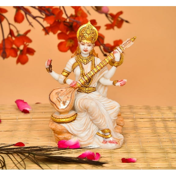 DevineSoul Beautiful Saraswati Idol for Home & Office Puja II Decorative II Basant Panchami II Teachers Day Gift II Showpiece II Office Desk (Size :: LxBxH 4X3X7 Inches)