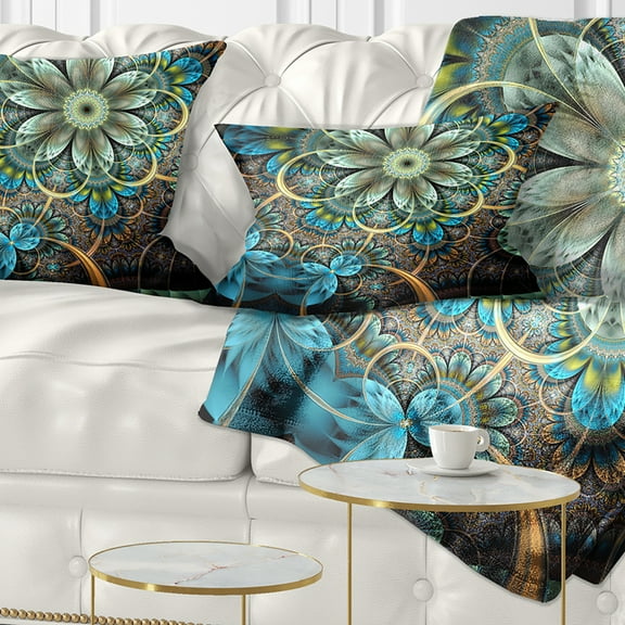 Designart Lighted Blue Fractal Blue Flowers - Floral Throw Pillow - 12x20