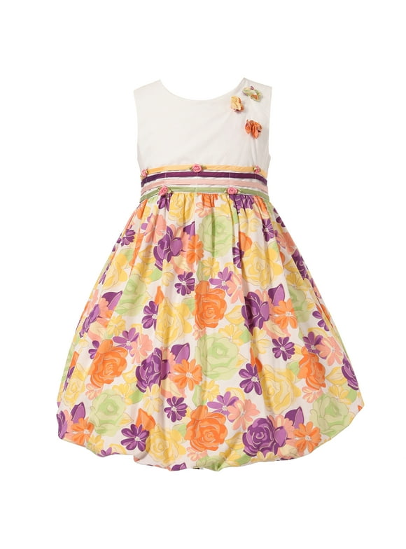 Big Girls Colorful Floral Rosette Accents Bubble Dress 6/7