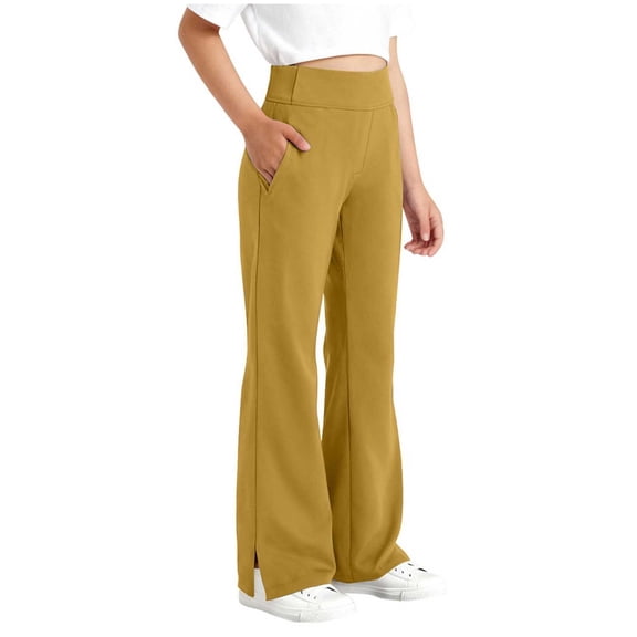 Kids Yoga Pants Elastic High Waist Side Slit Solid Color Flared Trousers Sporty Athletic Casual Pant With Pockets (14-15 Years, Yellow)