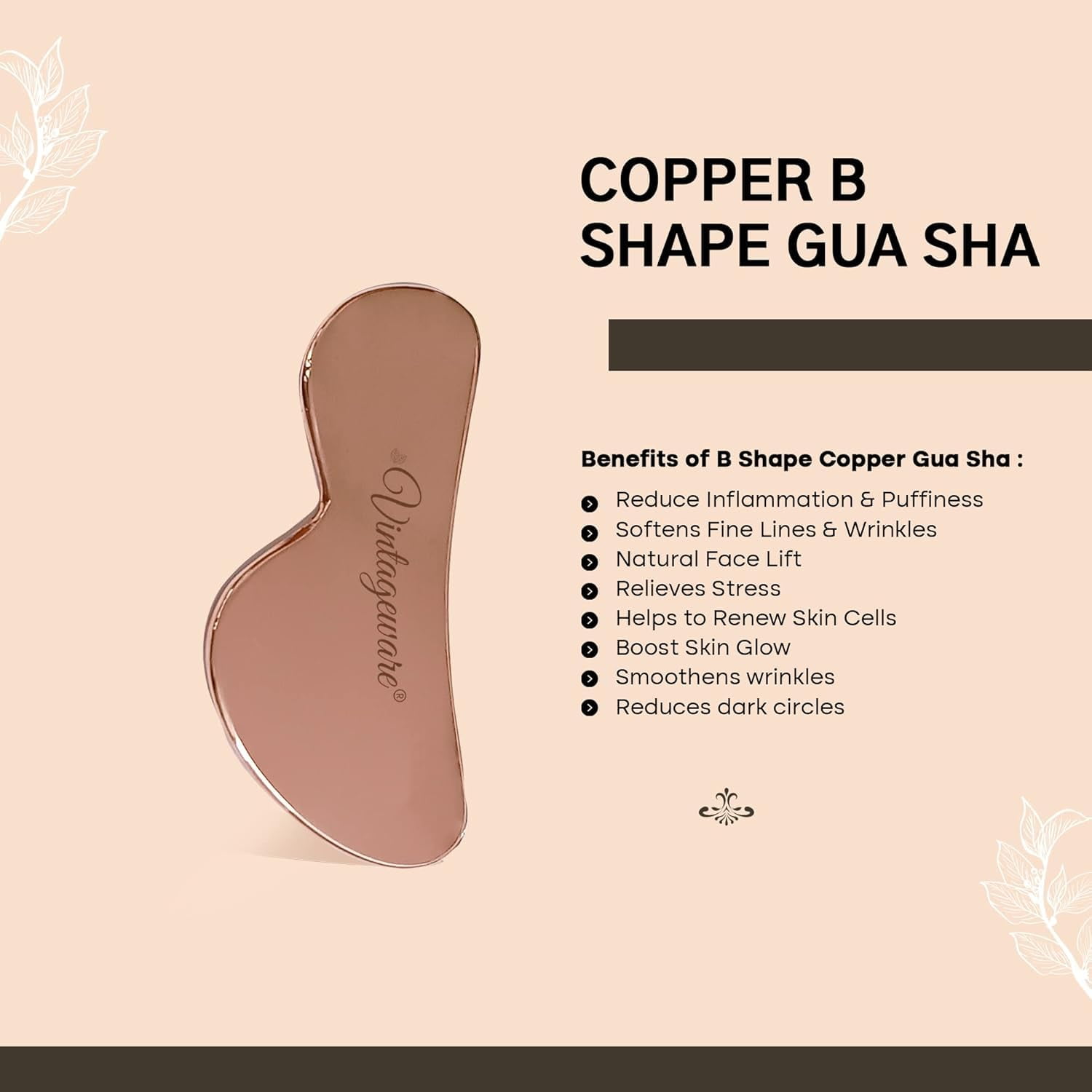 Vintageware® Copper Gua Sha | B-Shape Massage Board for Chiropractic & Physical Therapy | Premium Tool for Face & Body | Relieves Back & Muscle Pain | Gua Sha for Face, Neck & Back (B-Shape)