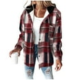 thumbnail image 2 of Women's Plaid Hooded Fleece Shacket Long Sleeve Button Front Coat with Pockets, 2 of 6