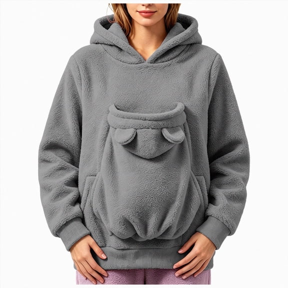 Women Fall And Winter Casual Solid Color Pet O Neck Pocket Sweatshirt Funny Pullover With Half Zipper Purr Pup Pet Pocket Hoodie