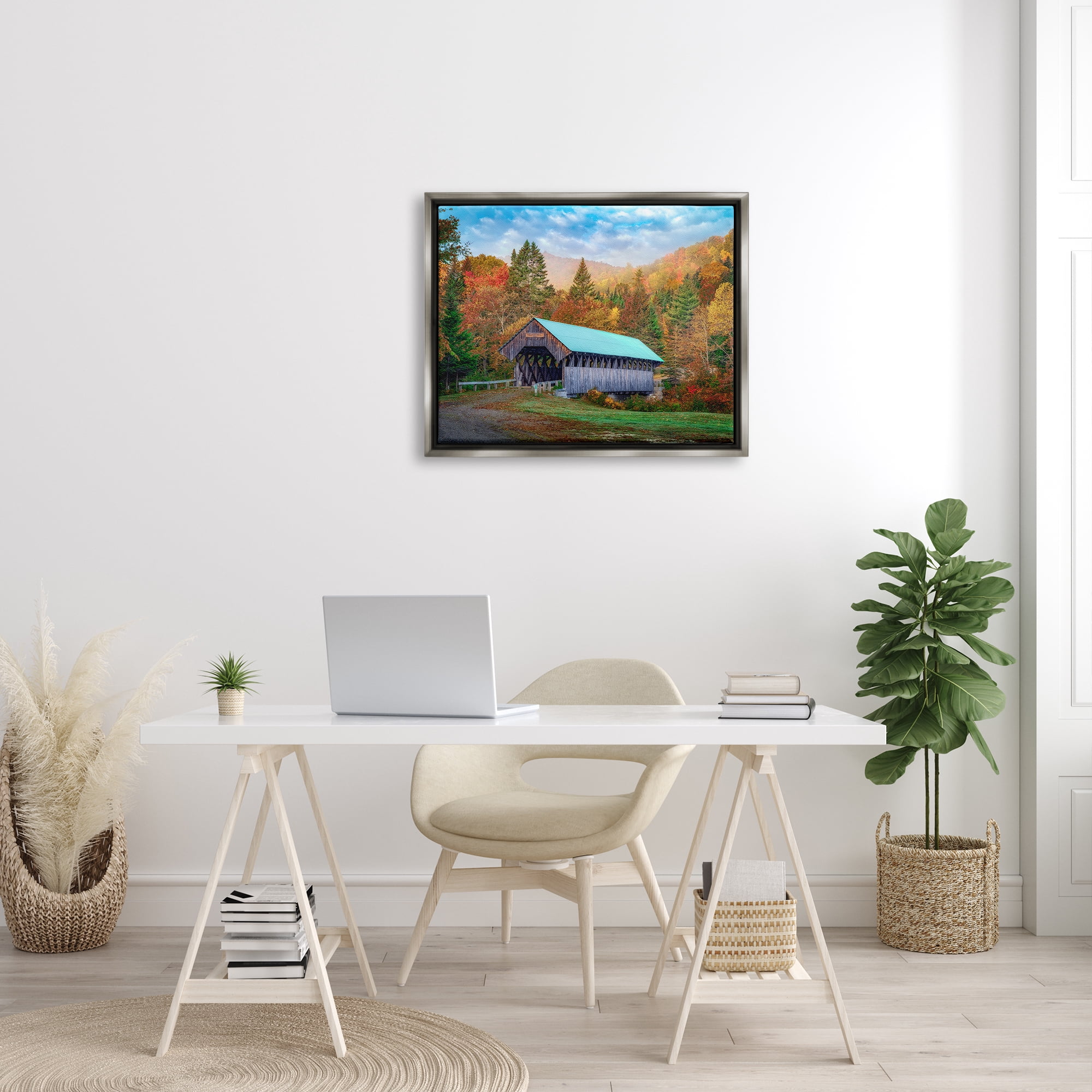 Stupell Woodland Covered Bridge Mountain Foliage Landscape Photography Gray Floater Framed Art Print Wall Art