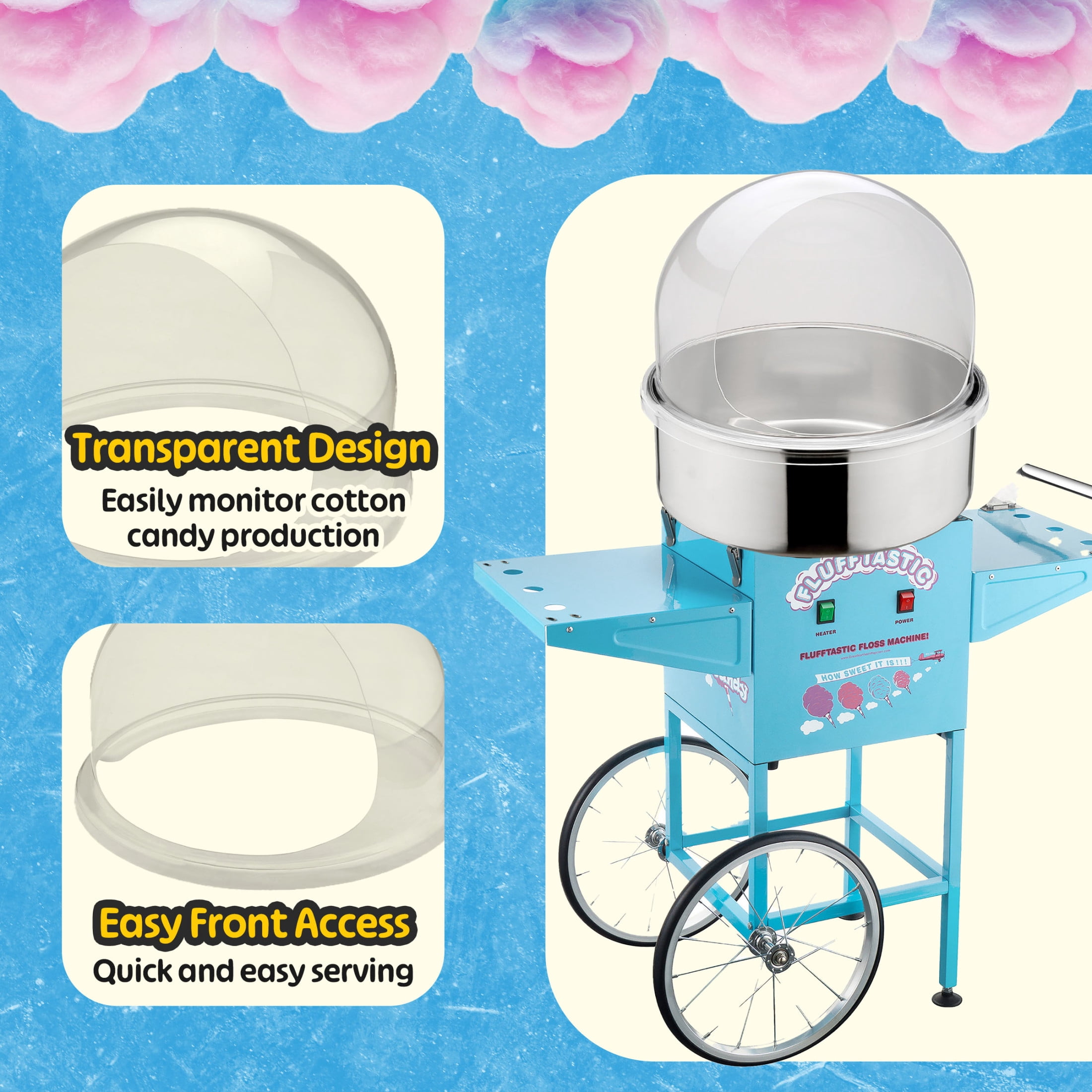 Great Northern Popcorn Flufftastic 1000W Cotton Candy Cart with Dome, Blue