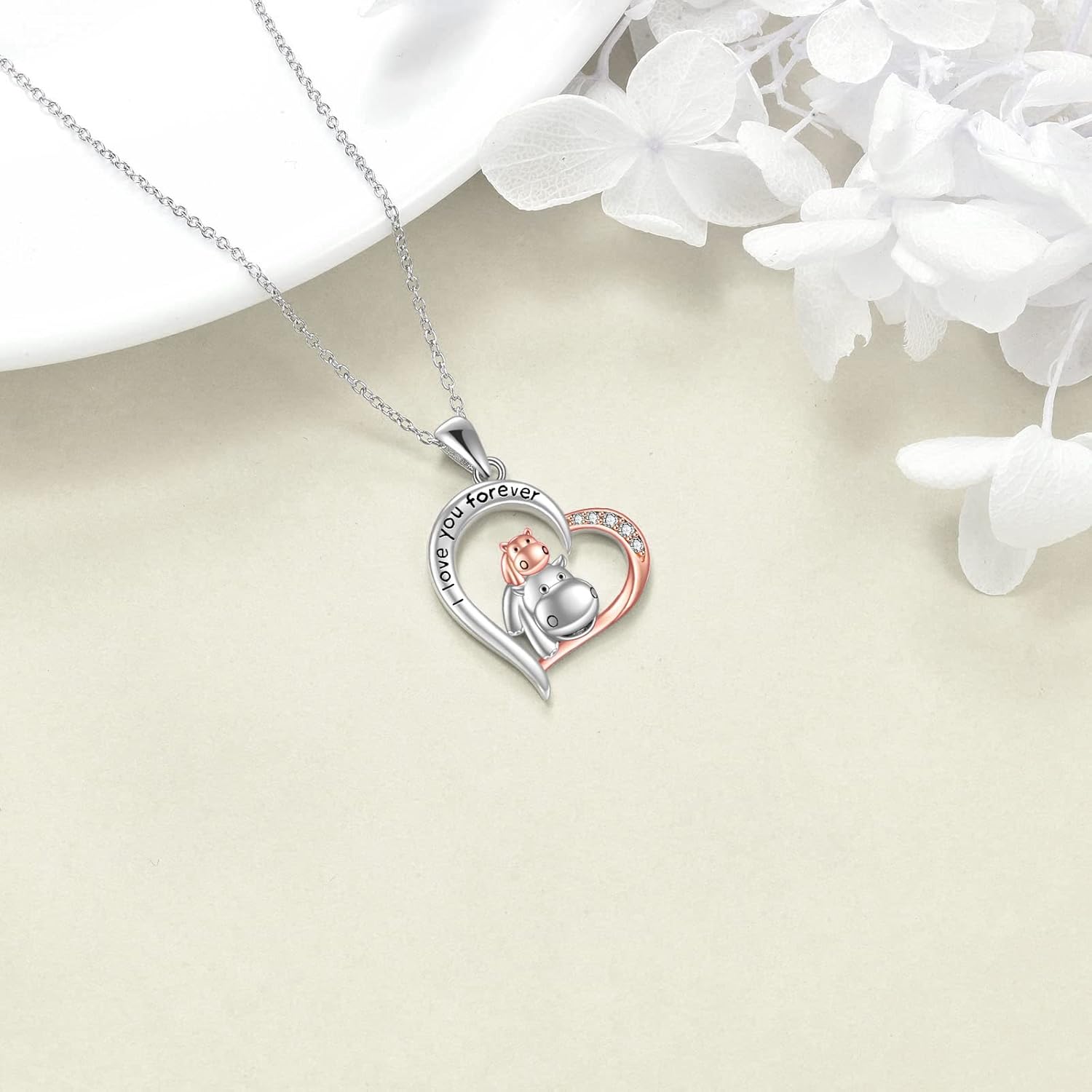 YAFEINI Hippo Necklace for Women Sterling Silver Hippopotamus Animal Necklace I Love You Forever Heart Pendant Hippo Jewelry Christmas Birthday Gifts