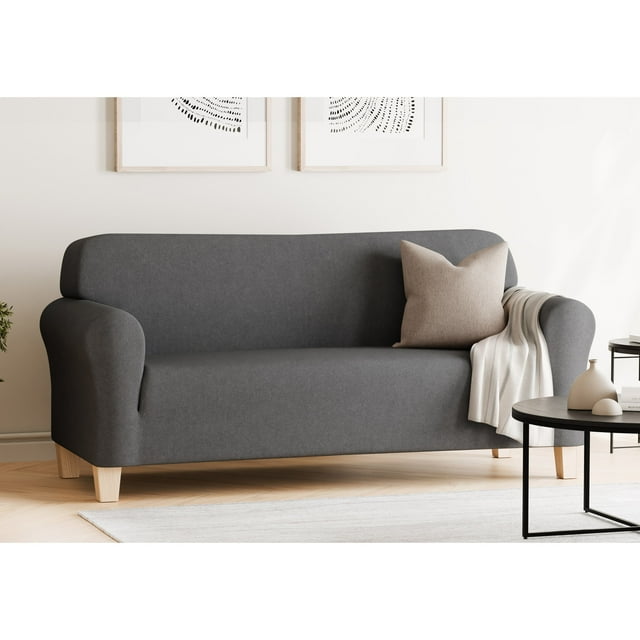 Smart Fit Herringbone Stretch-to-Fit Fabric Sofa Slipcover, Machine Washable, 1-Piece, Charcoal Grey