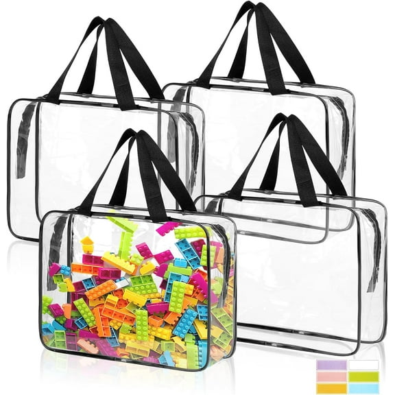 4 Pack Toy Organizer Bags - Large Clear PVC Waterproof Reusable with Zipper & Labels for Kids Puzzles, Books, Board Games, Stationery