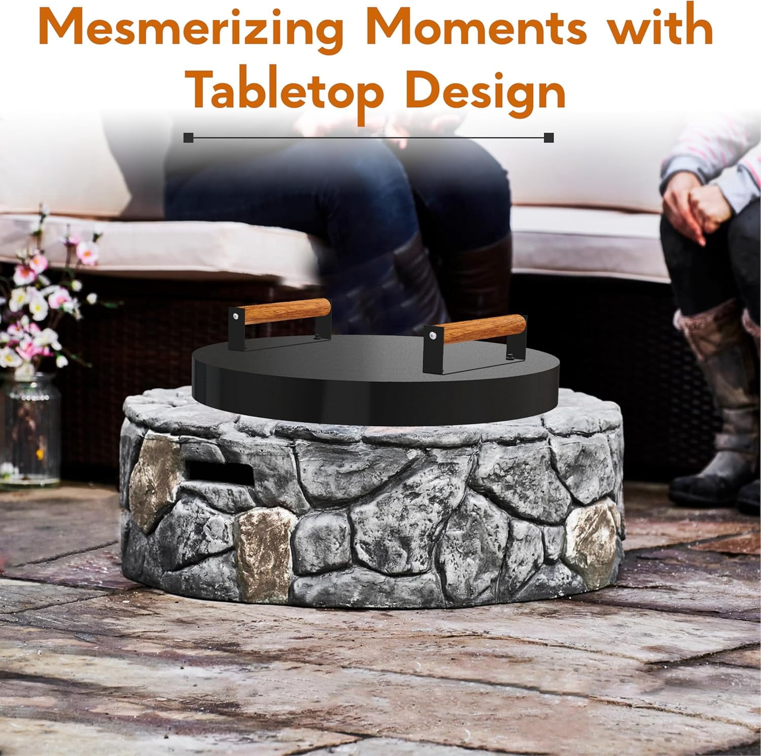 FEBTECH - Fire Pit Solid Cover Compatible with Fire Pit Inside Up to 23" - with 2 Wooden Handles