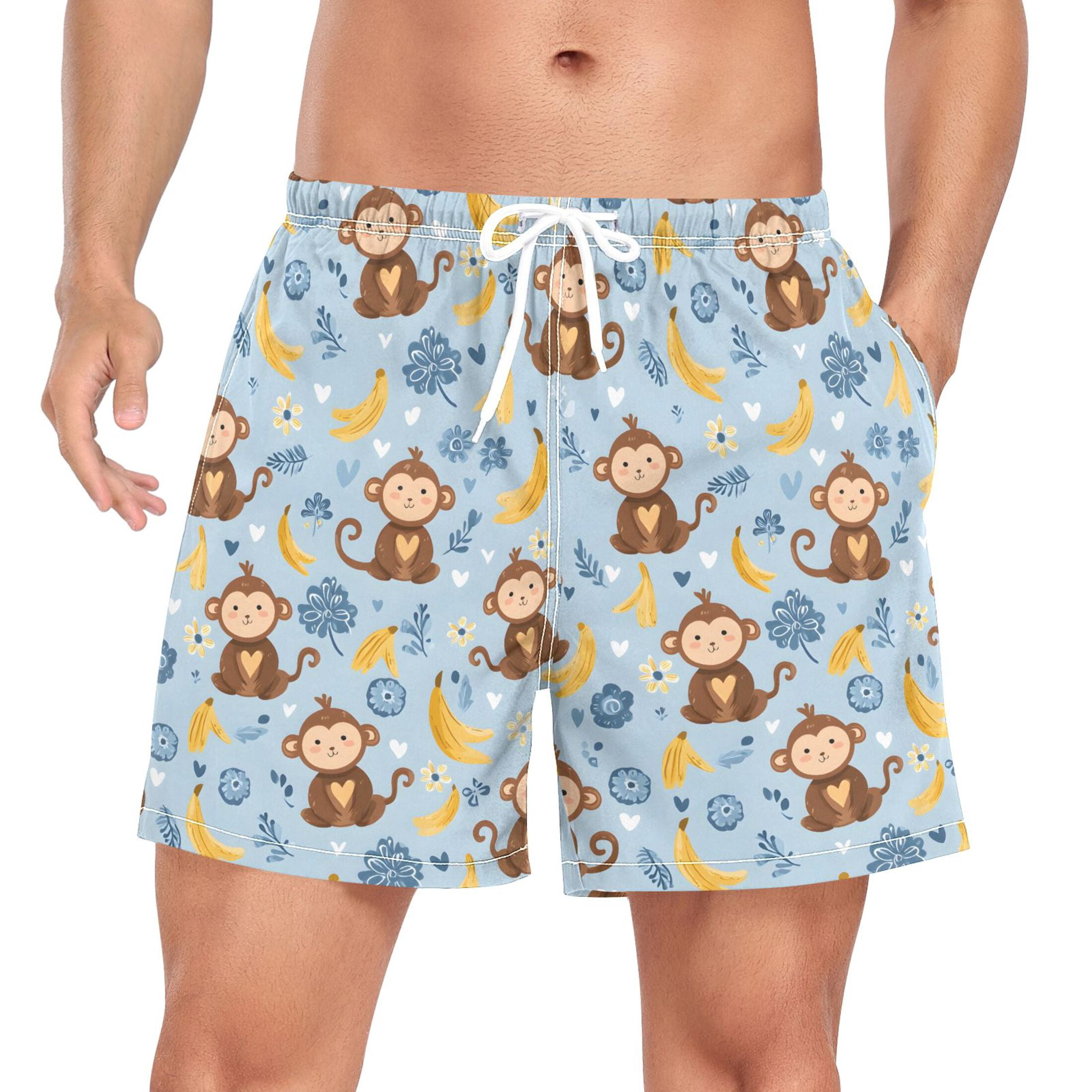 joogoo Men's Cartoon Monkey Bananas Swim Trunks with Liner Pocket Beach Shorts M