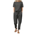 thumbnail image 1 of Fgnfyis Ensemble Décontracté d'Été pour Femmes en Coton et Lin, Manches Courtes, Col Rond, Pantalon Grand, Deux Pièces, Gris Foncé, 1 of 7