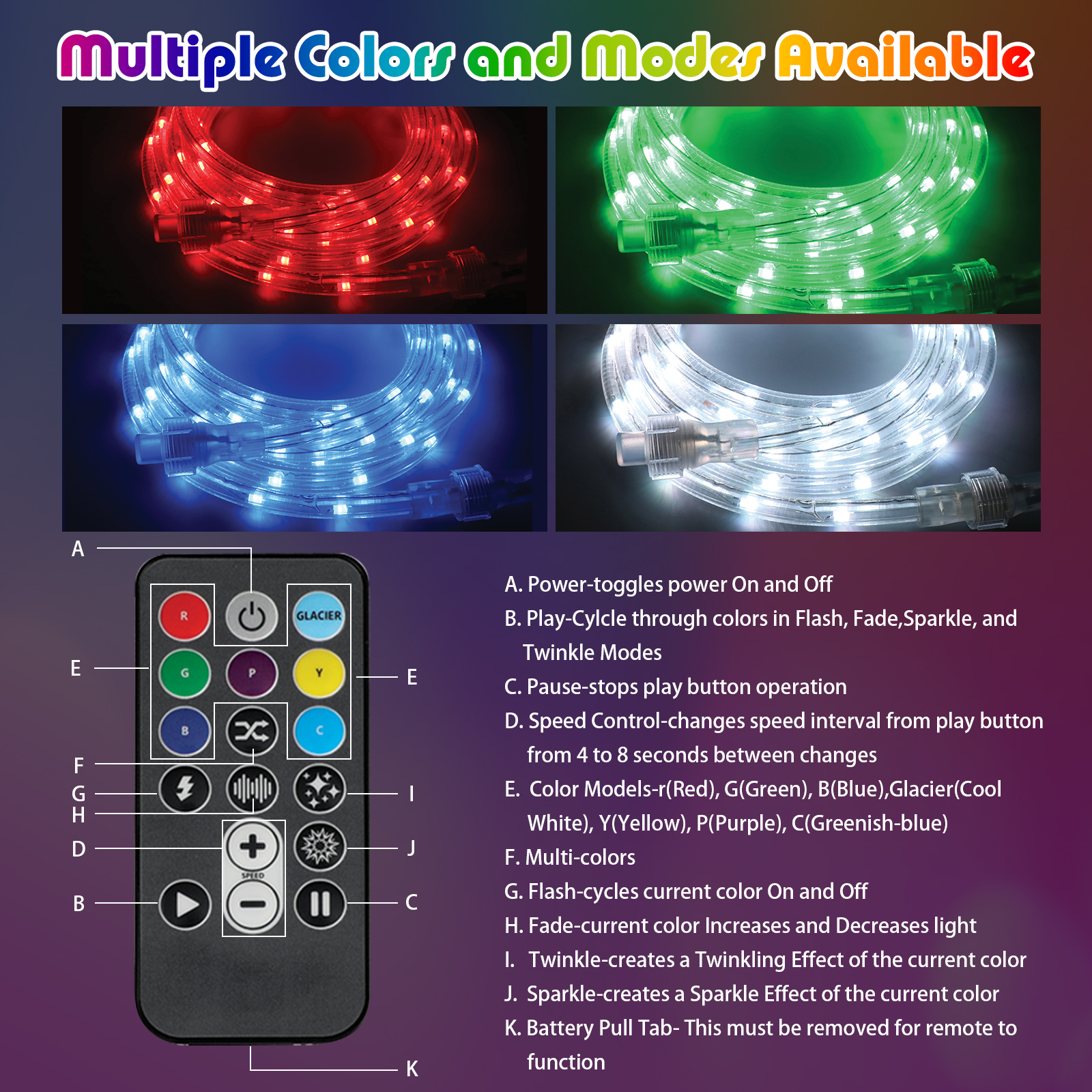 Pinegreen Lighting CL-TRL12RGB 12 ft. Plug-in LED RGB Color Changing Rope Light with Remote Control