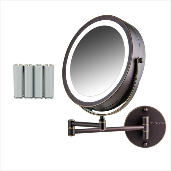 OVENTE 8.6" Wall Mount Makeup Mirror - Double LED, 1X & 10X Magnifier, Antique Bronze MFW85ABZ1X10X