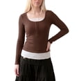 thumbnail image 2 of INSPIRE CHIC Women's Henley Shirts Ribbed Tops Scoop Neck Long Sleeve Contrast Lace Ttim Button Pointelle Front Knit Slim Fit Y2K Casual Going Out Blouses X Small Coffee, 2 of 5