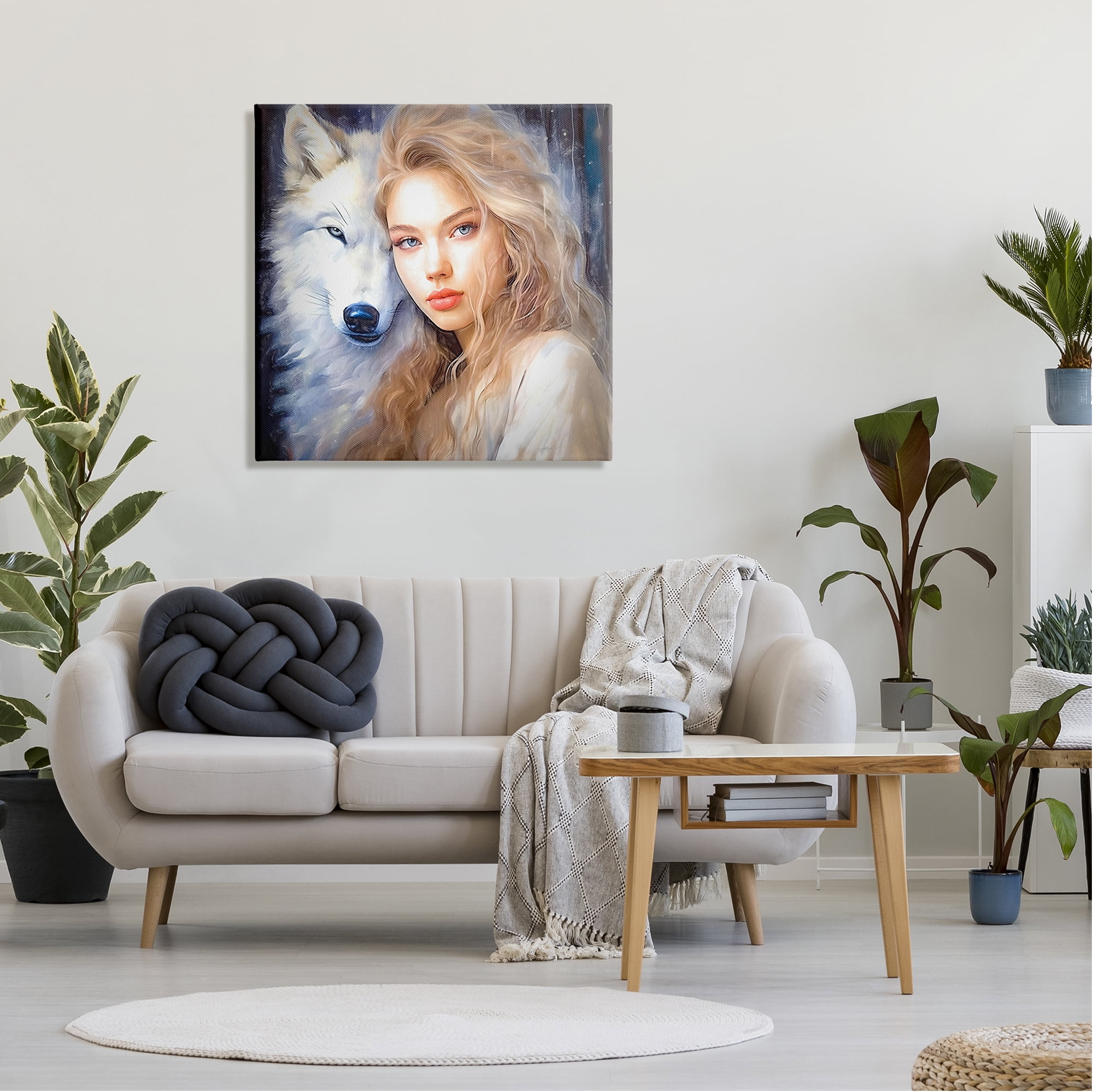 Stupell Industries Woman with White Wolf Animals & Insects Painting Gallery Wrapped Canvas Art Print Wall Art, 30 x 30