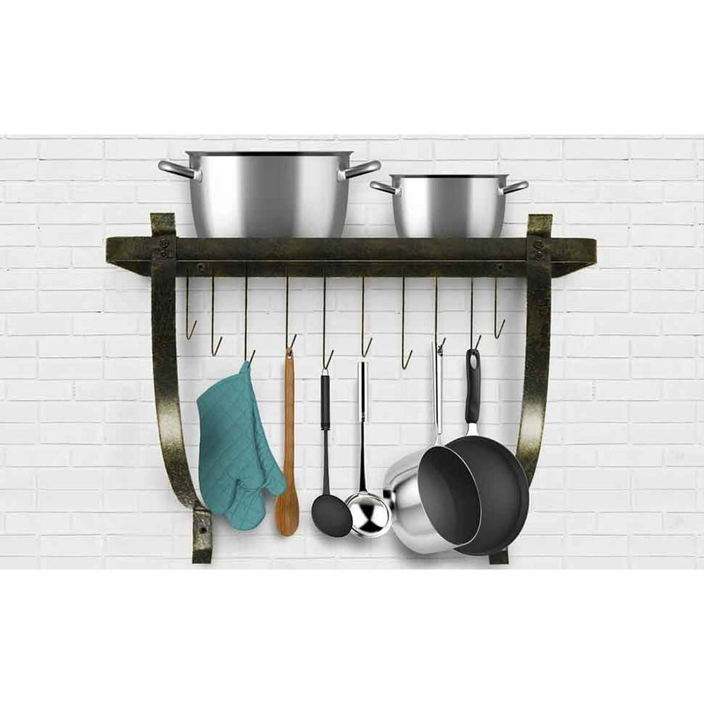 Wall Mount Pot Rack with Hooks Rustic