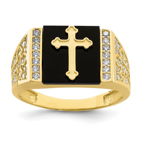 Primal Gold 10 Karat Yellow Gold Cubic Zirconia and Onyx Cross Men's Ring
