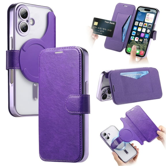 for iPhone 16 Plus Case with Card Holder [Camera Lens Protector Film] Plating Clear Case Business 2-in-1 Magnetic Detachable Flip PU Leather Wallet Phone Cover for iPhone 16 Plus, Purple