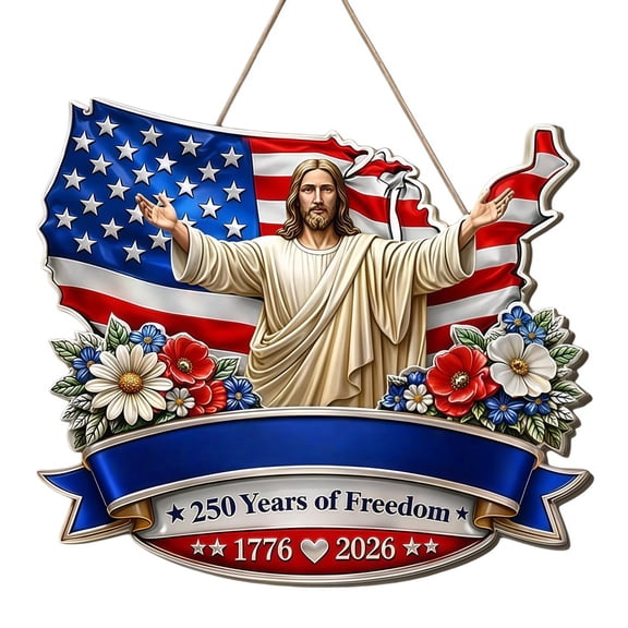 US 250th Anniversary God Bless Wood Door Sign, Patriotic Front Door Decor, 250 Years Anniversary, American Christian Door Hanger for Home Porch, 4th of July Decor