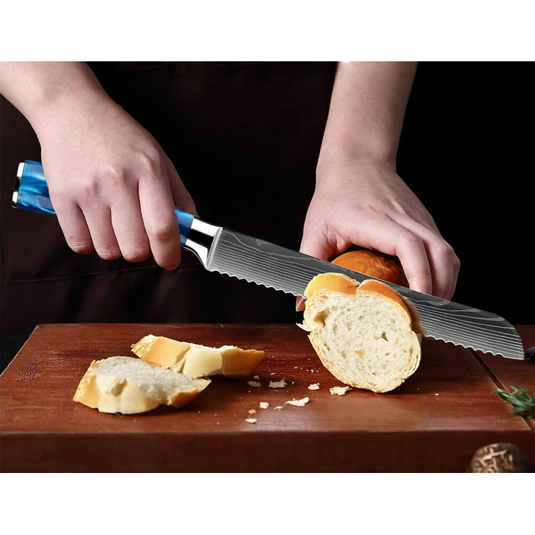 Senken Knives SENKEN 8-Piece Japanese Knife Set with Blue Resin Handle and  Laser Damascus Pattern 