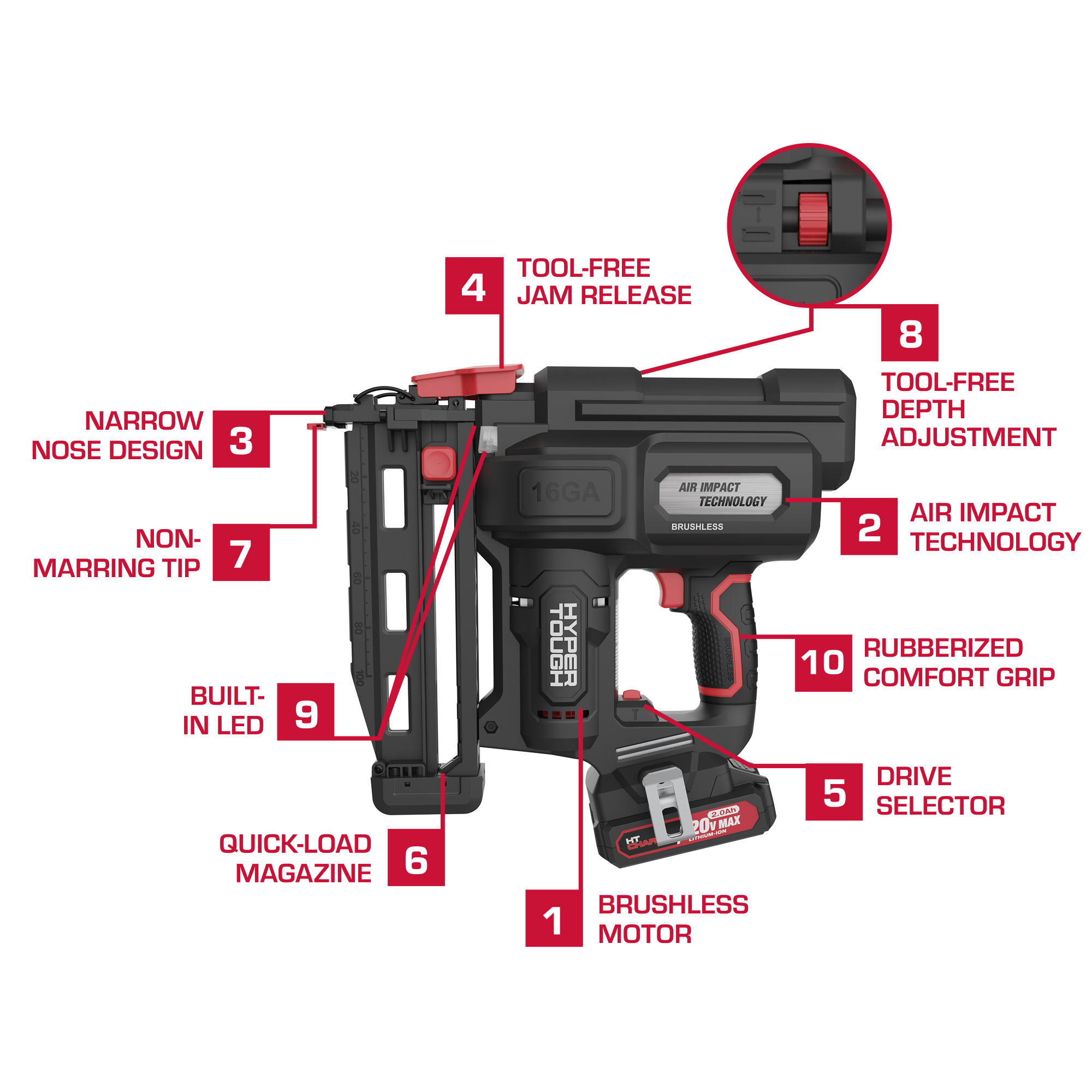 Hyper Tough 20V Cordless Brushless 16-Gauge Finish Nailer Kit photo 4