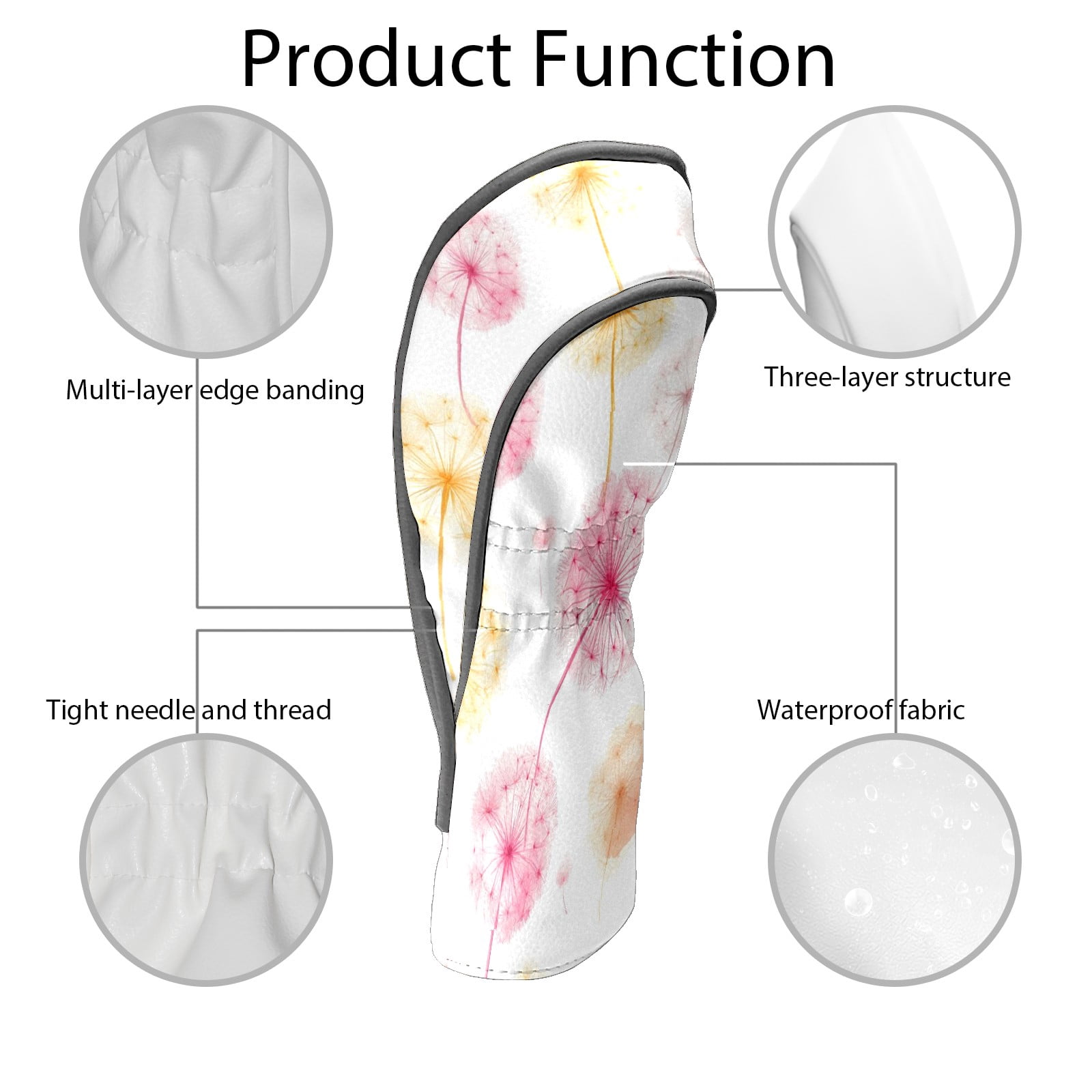 Golf Head Covers Light-colored Dandelions Design for Driver, Wood & Hybrid, Premium Waterproof PU Leather with Plush Lining, Delicate Floral Golf Gifts