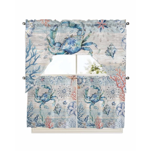 Coastal Crab Kitchen Curtains Swag Valance and Tier Curtains Set 24 Inch Length, Nautical Beach Ocean Conch Coral Starfish Rod Pocket Drape Panels Pair Swag Curtains for Bathroom/Cafe/Window