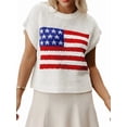 thumbnail image 2 of Women's Knit Loose Fit Crop American Flag Cap Sleeve Tops Crew Sweater for Daily Wear White S, 2 of 8