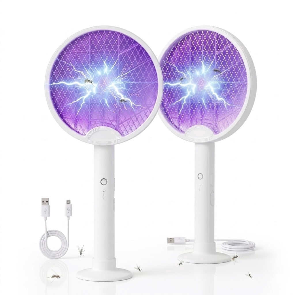 FIIOEOY 2 Pack Electric Fly Swatter 3500V Bug Zapper Racket Dual Modes Mosquito Killer with Purple Mosquito Light Rechargeable for Indoor Home Office Backyard Patio Camping