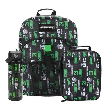 Minecraft Creepers & Skeletons All-Over Print Black 16” Backpack With Lunchbox Set and Stainless Steel Water Bottle