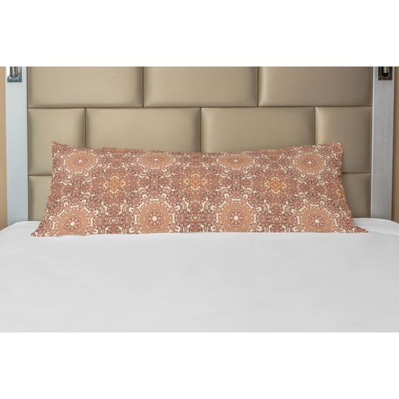Ethnic Body Pillow Case Cover with Zipper, Vintage Round Pattern Mehndi Style Brown Tones Spring Flowers, Decorative Accent Long Pillowcase, Brown Pale Brown, by Ambesonne