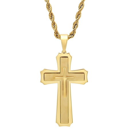 Men's Gold-Tone Stainless Steel Stacked Cross with 24 Rope Chain - Mens Pendant