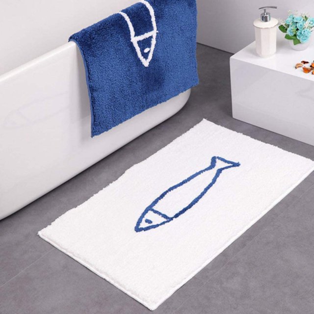 Alfombrilla de baño antideslizante, estampado de peces azul y blanco Alfombrilla de baño antideslizante de secado rápido, alfombra de cocina para baño (50 x 80 cm, blanca)