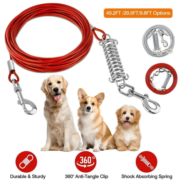 Câble d'Attelage pour Chien de 9,8 Pi Laisse Longue pour Chien Laisse Anti-Morsure Chaîne pour Chien avec Ressort Durable Clips Rotatifs à 360° Étui en PVC pour Extérieur Cour Camping Rouge