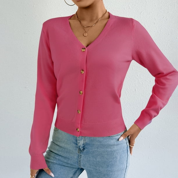 Suéter de cuello en V para mujer, suéter de punto de color liso con cuello en V, cárdigan con botones, blusa para mujer