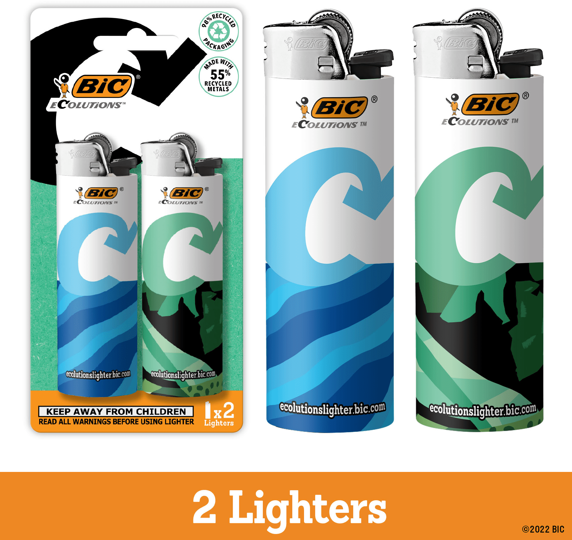 BIC Ecolutions Pocket Lighter, 2-Pack of Ecofriendly Candle Lighters, 98% Recycled Packaging and 55% Recycled Metal, 30% Carbon Offset, 2 Pack