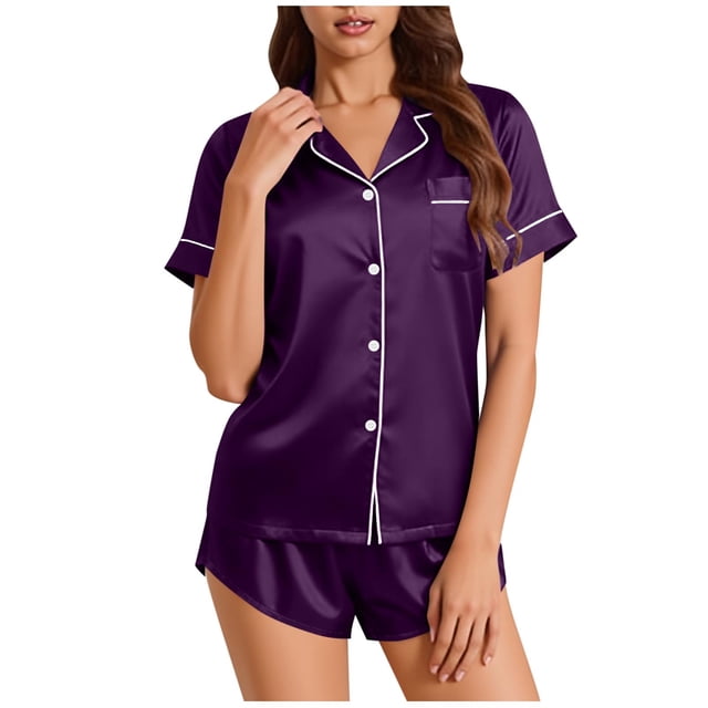 Ensemble de Pyjama à Manches Courtes pour Femmes, Col Rabattu, Couleur Unie, 2 Pcs, 100 % Polyester