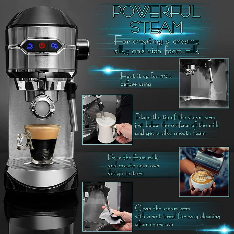 Espresso Machine, Cappuccino Machine, Coffee & Espresso Maker with Foaming  Milk Frother Wand