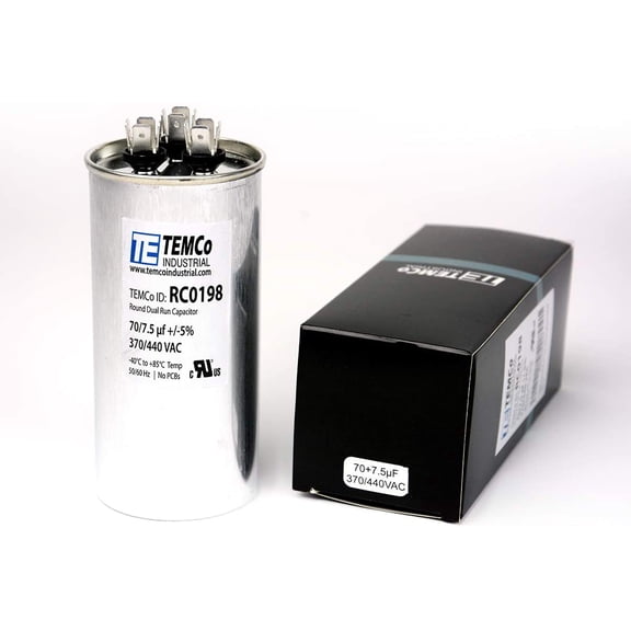 TEMCo 70 7.5 uF Dual Run Capacitor CBB65, 70/7.5 MFD, 370-440V, Round, 50/60Hz
