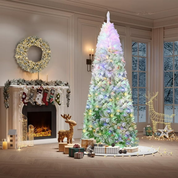 7.5ft Snow Flocked Pencil Christmas Tree with Green Gradient, Slim Artificial Xmas Tree on Sturdy Metal Stand, Skinny Holiday Decor for Home & Office