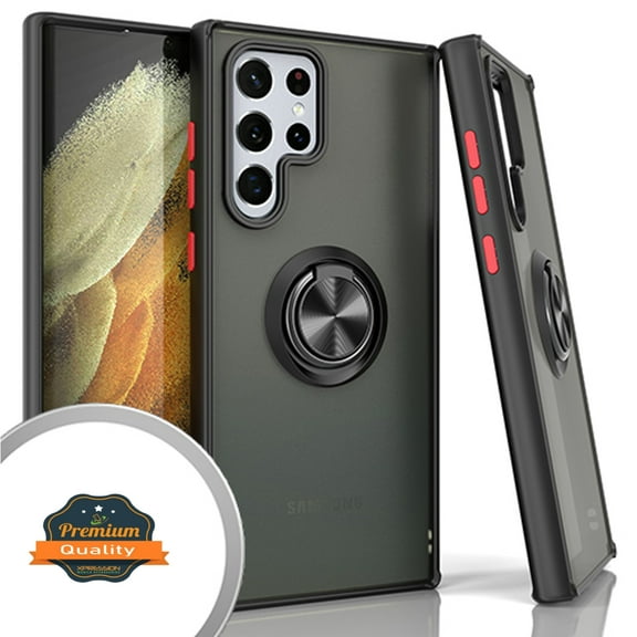 Xpression Cover for Samsung Galaxy S24 Ultra Finger Ring Stand Holder Kickstand Hybrid Frosted Matte TPU Hard PC Frame Shock-Absorption Phone Case - Black