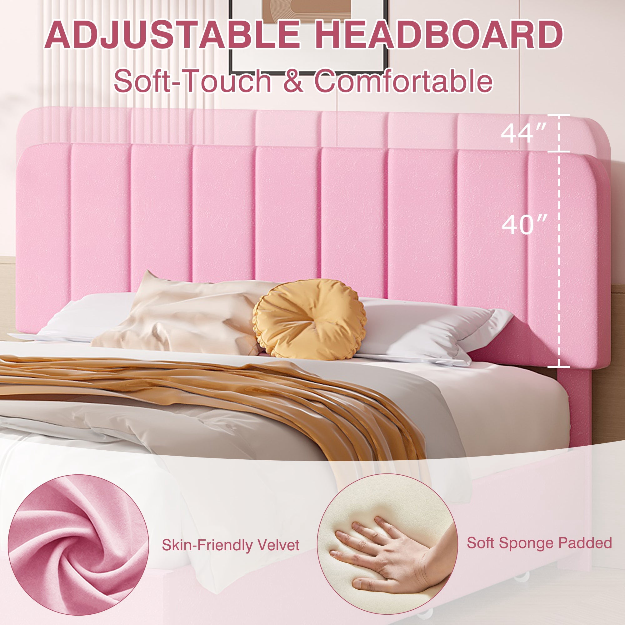 VECELO Full Size Bed Frame with 4 Storage Drawers, Modern Upholstered Platform Bed Frame with Adjustable Headboard, No Box Spring Needed, Pink