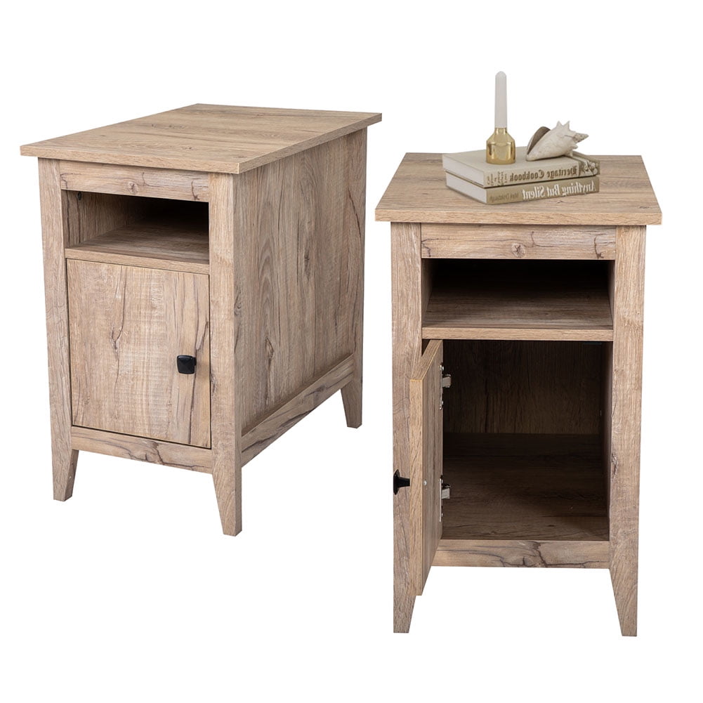 Kadyn Bedside Tables&nbsp;set of 2 for Bedroom, Wooden End Side Table with Storage Cabinet and Open Shelf for Nursery, Bedside Table for Bedroom, Oak